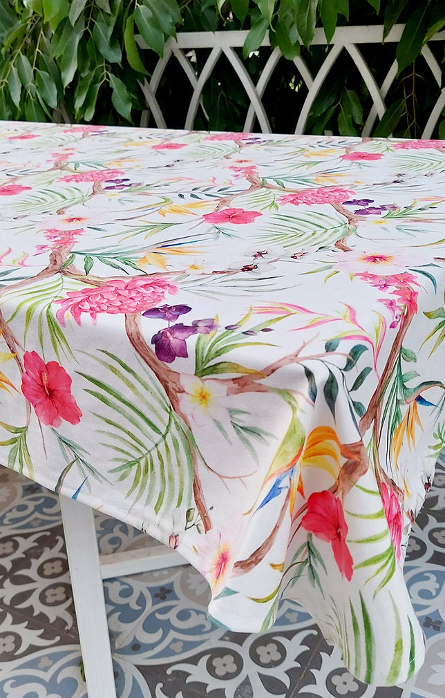 Tropical Floral Print Tablecloth | GOTS Certified Organic Cotton | Various Sizes