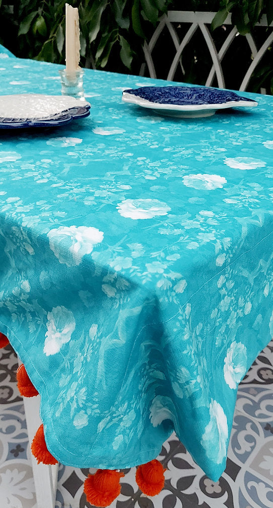 Turquoise Floral Pom-Pom Tablecloth | GOTS Certified Organic Cotton | Various Sizes