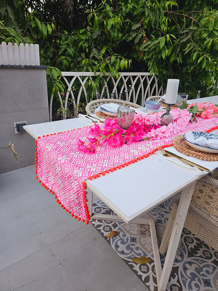 Organic Cotton Table Runner | Aztec Geometric Pattern | Pom Pom Trim | 92-305cm