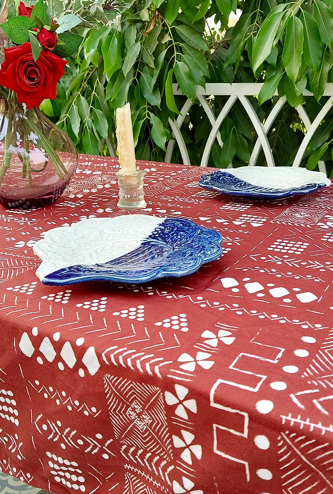 Red Geometric Print Tablecloth | GOTS Certified Organic Cotton | Various Sizes