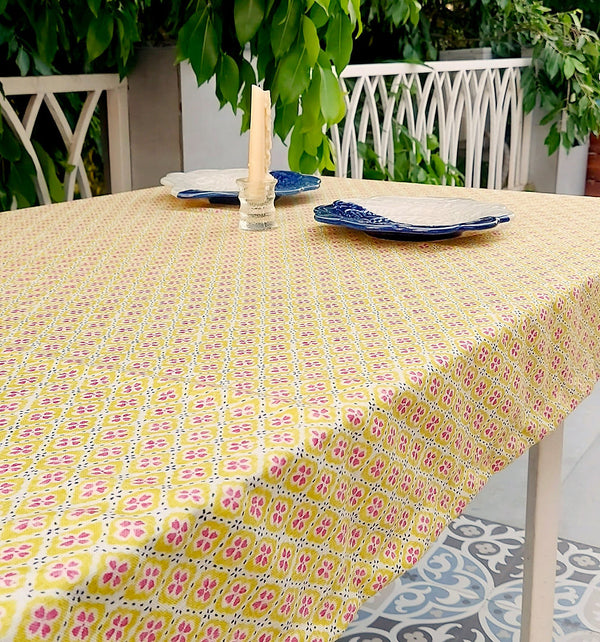 Yellow Floral Print Tablecloth | GOTS Certified Organic Cotton | Various Sizes