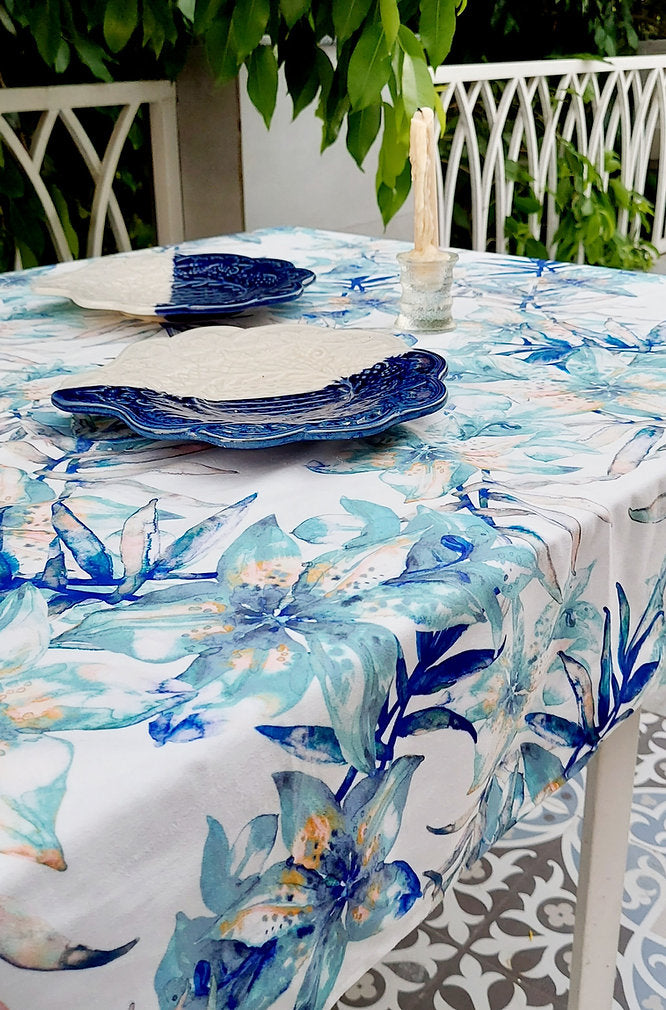 Blue Lily Print Tablecloth | GOTS Certified Organic Cotton | Various Sizes