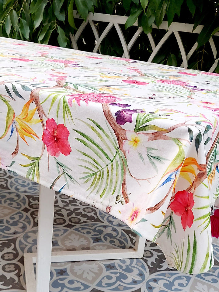 Tropical Floral Print Tablecloth | GOTS Certified Organic Cotton | Various Sizes