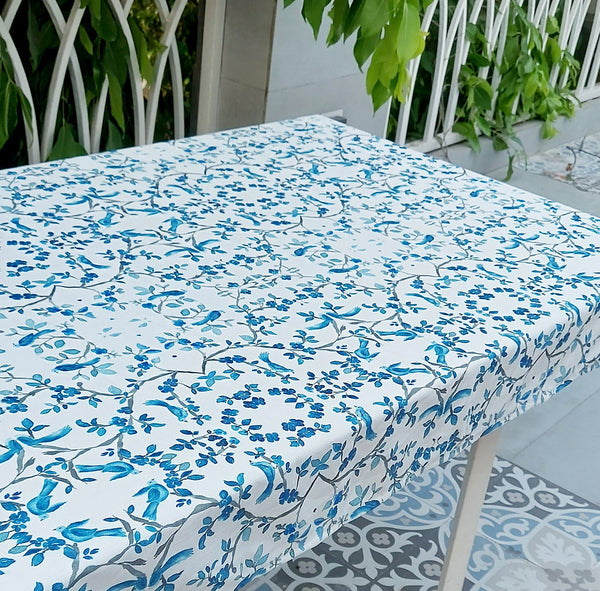Blue Bird & Branch Print Tablecloth | GOTS Certified Organic Cotton | Various Sizes