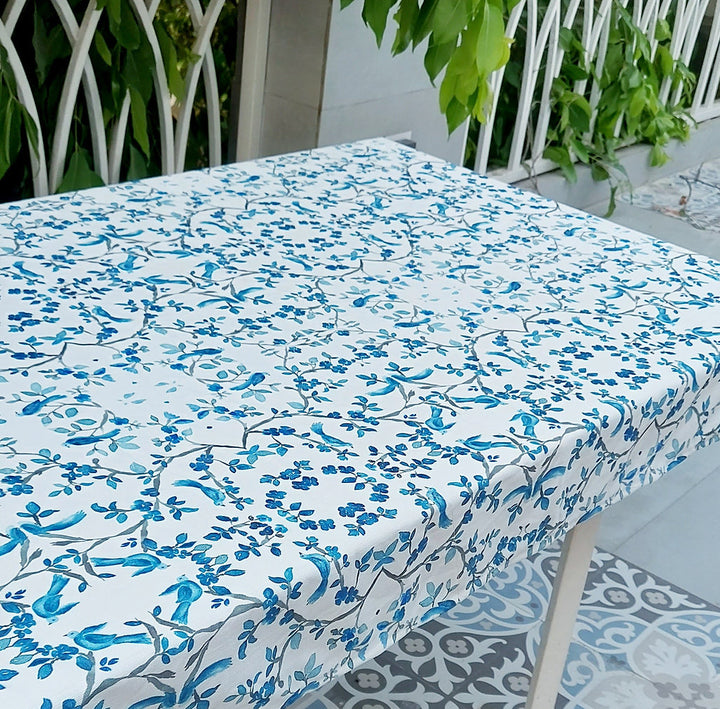 Blue Bird & Branch Print Tablecloth | GOTS Certified Organic Cotton | Various Sizes