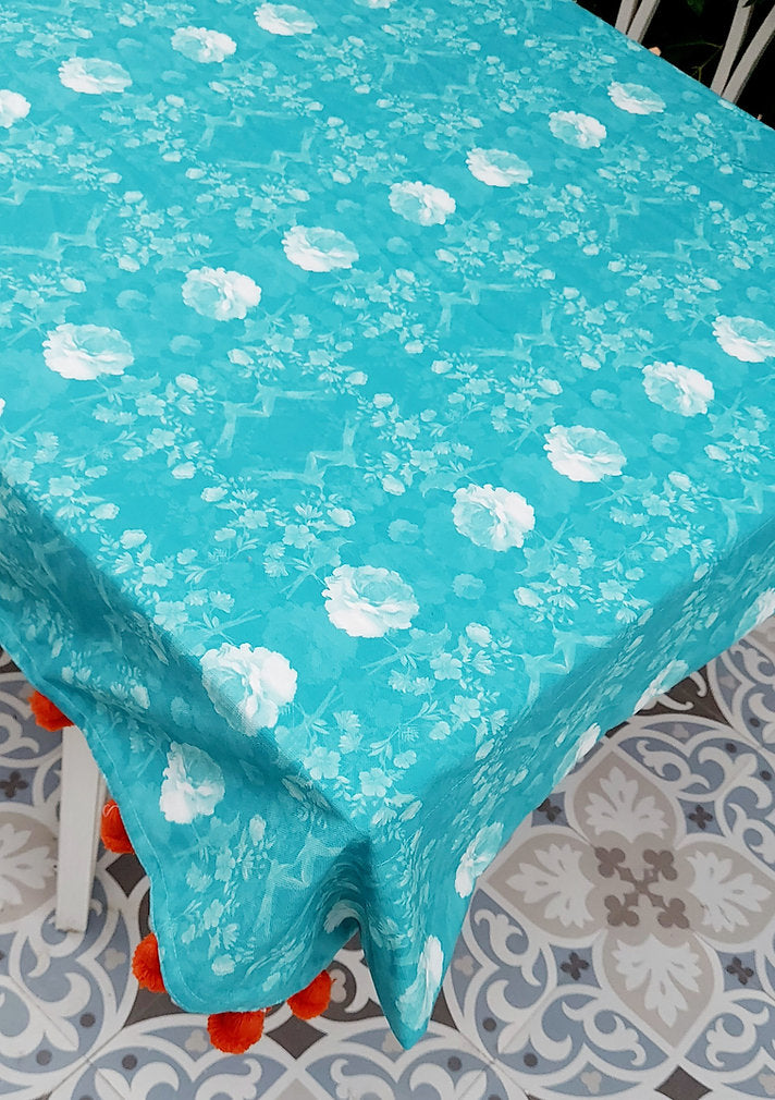Turquoise Floral Pom-Pom Tablecloth | GOTS Certified Organic Cotton | Various Sizes