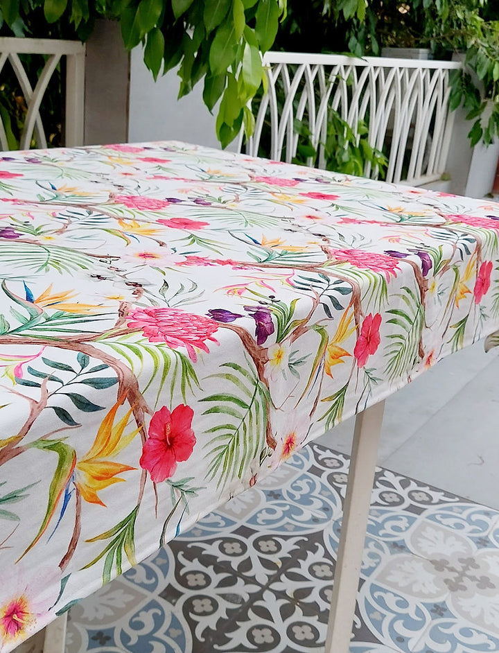 Tropical Floral Print Tablecloth | GOTS Certified Organic Cotton | Various Sizes