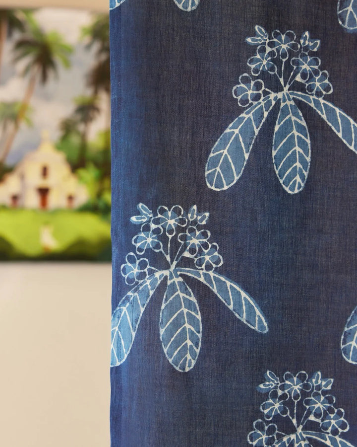 Indigo Blue Hand Block Printed Linen Curtains | Champa Flower Design