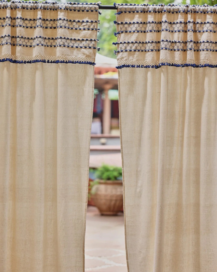 Natural Linen Curtains with Blue Tassels | Rod Pocket