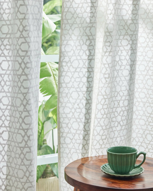 White Hand Block Printed Linen Curtains | Moroccan Geometric Design
