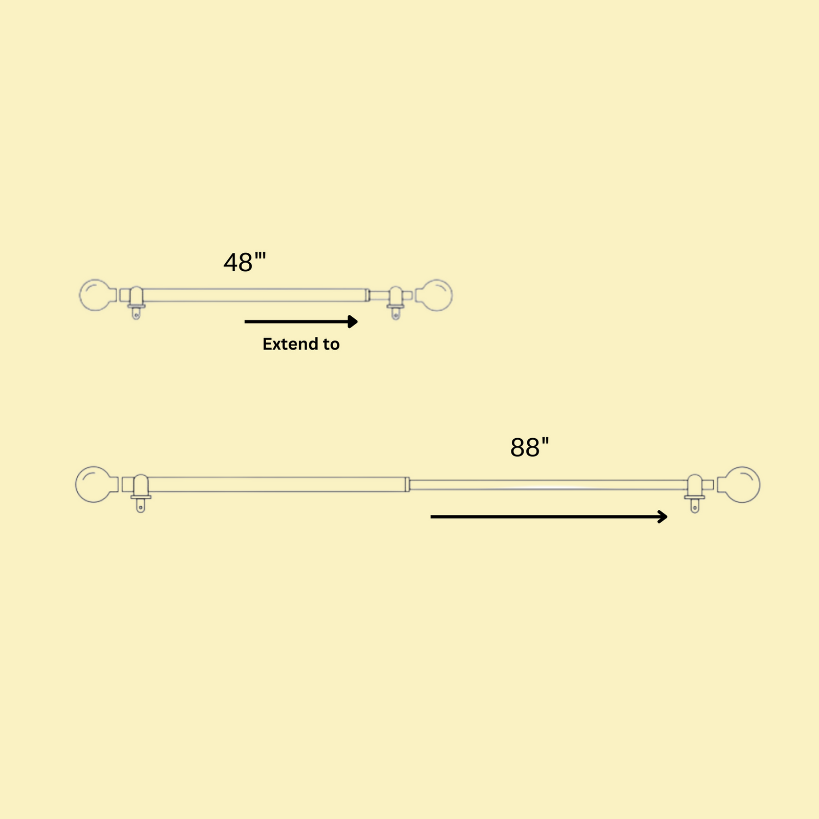 Black Double Curtain Pole Set with Crystal Finials - Extendable, Telescopic, Rustproof - 71-122cm, 122-224cm, 213-366cm