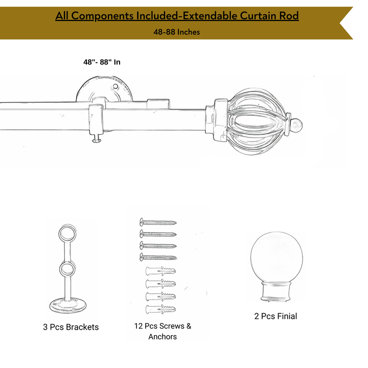 Black Double Curtain Pole Set with Crystal Finials - Extendable, Telescopic, Rustproof - 71-122cm, 122-224cm, 213-366cm