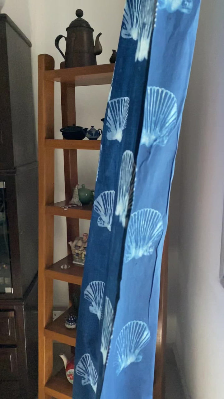 Indigo Hand Block Printed Linen Curtains | Seashell Pattern