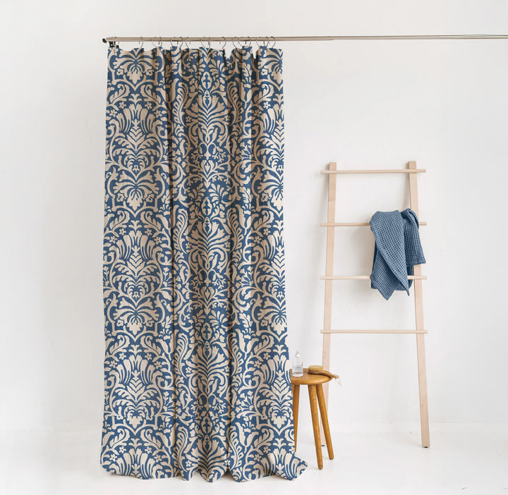 Hemp Eco-Printed Paisley Shower Curtain | Natural & Indigo | Waterproof & Sustainable | Eco Friendly Bath Blue