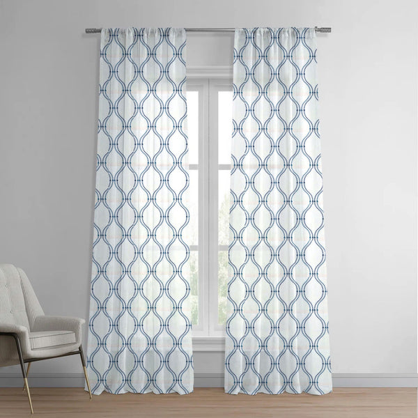 White & Navy Linen Sheer Curtains | Embroidered Ogee Trellis Design | Custom Sizes & Headings
