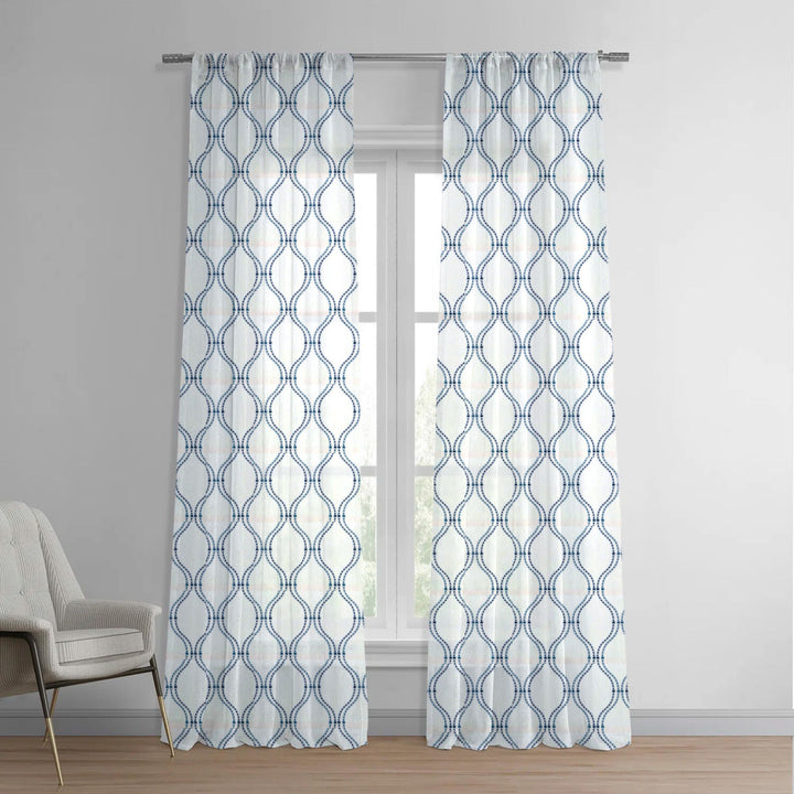 White & Navy Linen Sheer Curtains | Embroidered Ogee Trellis Design | Custom Sizes & Headings