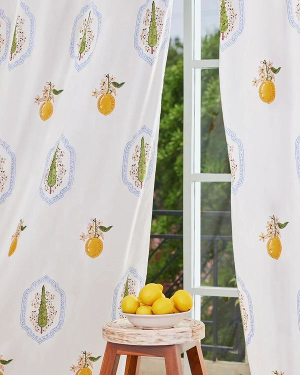 Summer Linen Curtains | Hand Block Printed Citrus Design | Standard & Custom Sizing