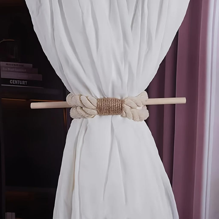 Boho Curtain Tie Backs | Natural Hemp Rope & Wood | Rustic Home Decor - Set of 2