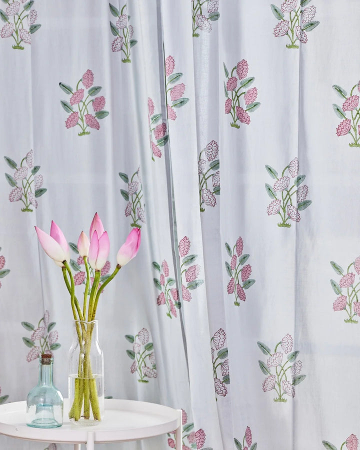Light Grey & Pink Hand Block Printed Linen Curtains | Lotus Flower Design