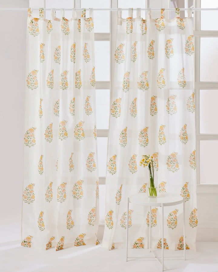 White & Yellow Hand Block Printed Linen Curtains | Floral Bouquet Design