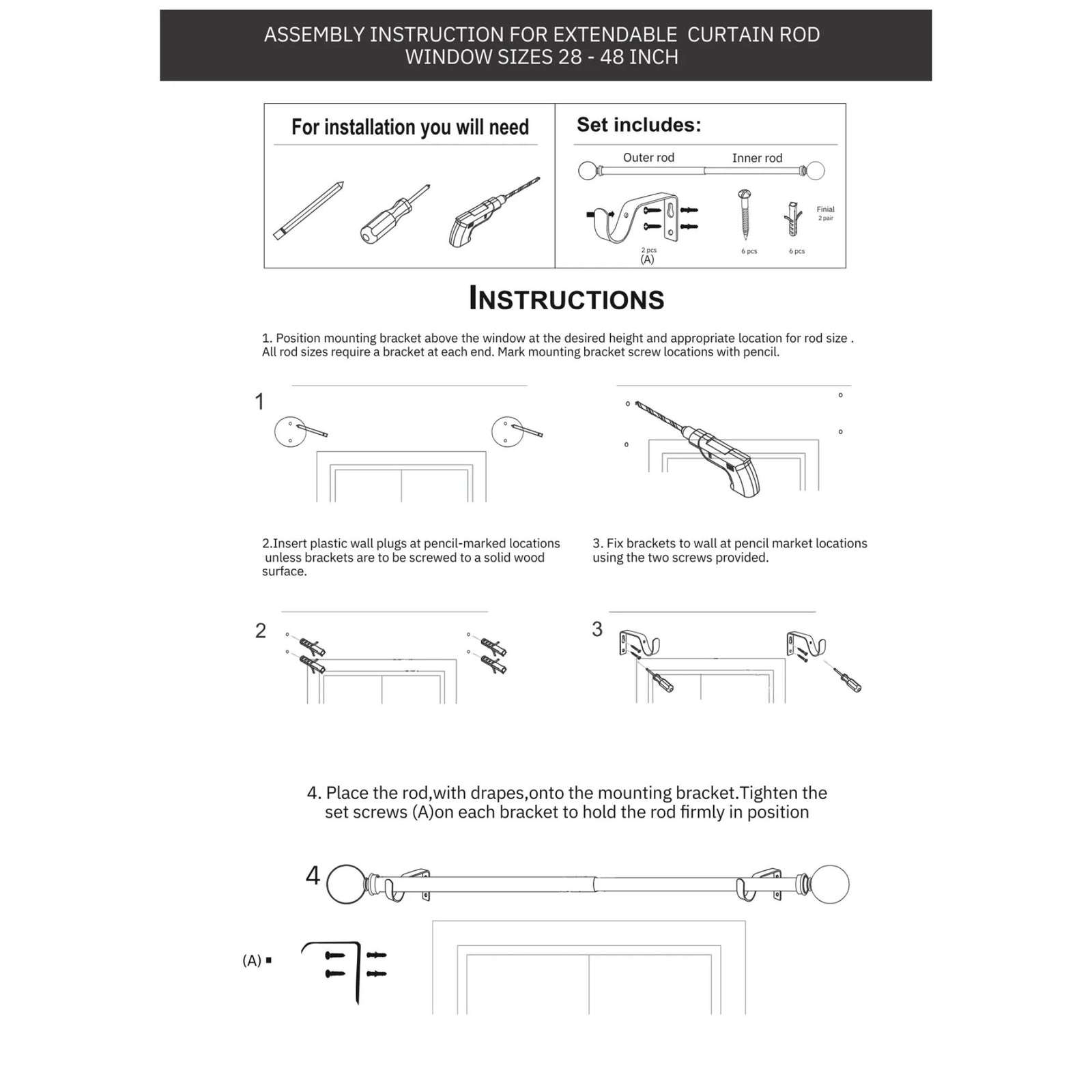 Black Extendable Curtain Pole | 19mm | Textured Ceramic Finials | 61-366cm