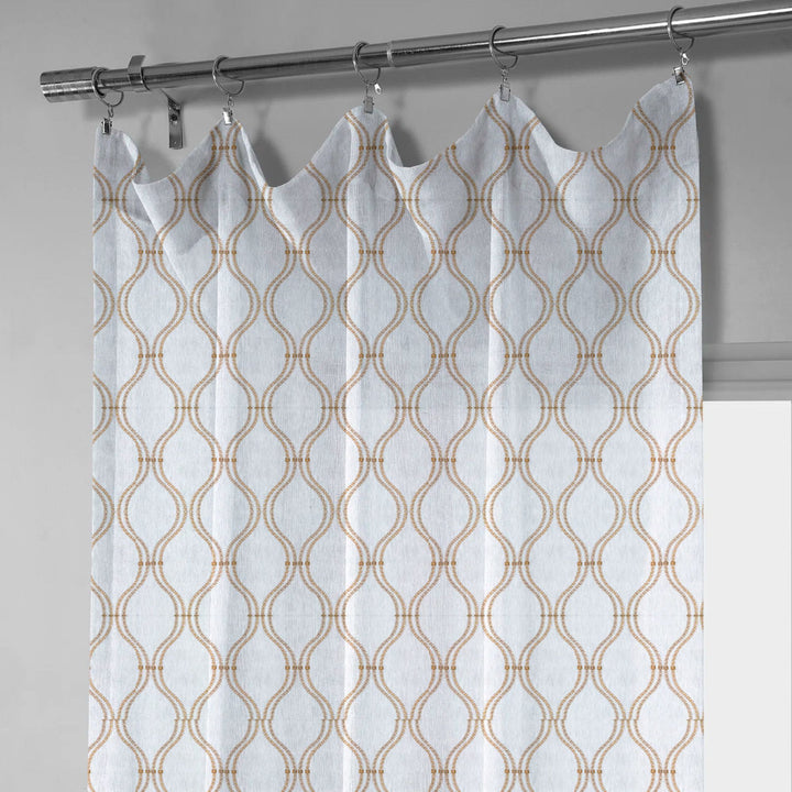 White & Beige Linen Sheer Curtains | Ogee Trellis Embroidery | Custom Sizes & Headings