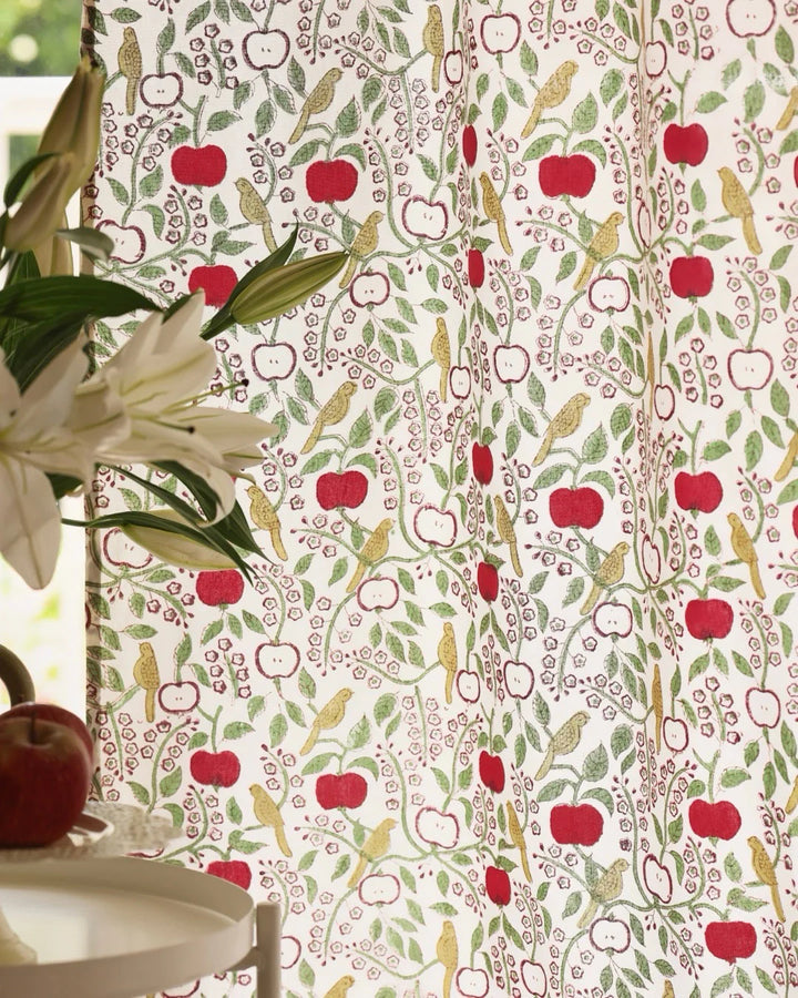 White & Red Hand Block Printed Linen Curtains | Apple & Bird Design