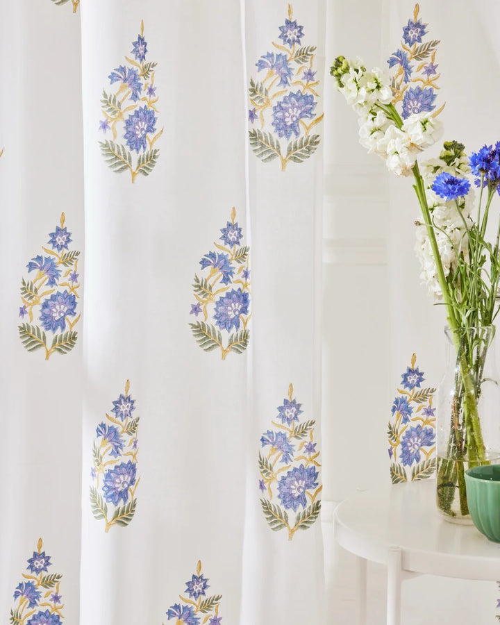 White & Blue Hand Block Printed Linen Curtains | Blue Lotus Design