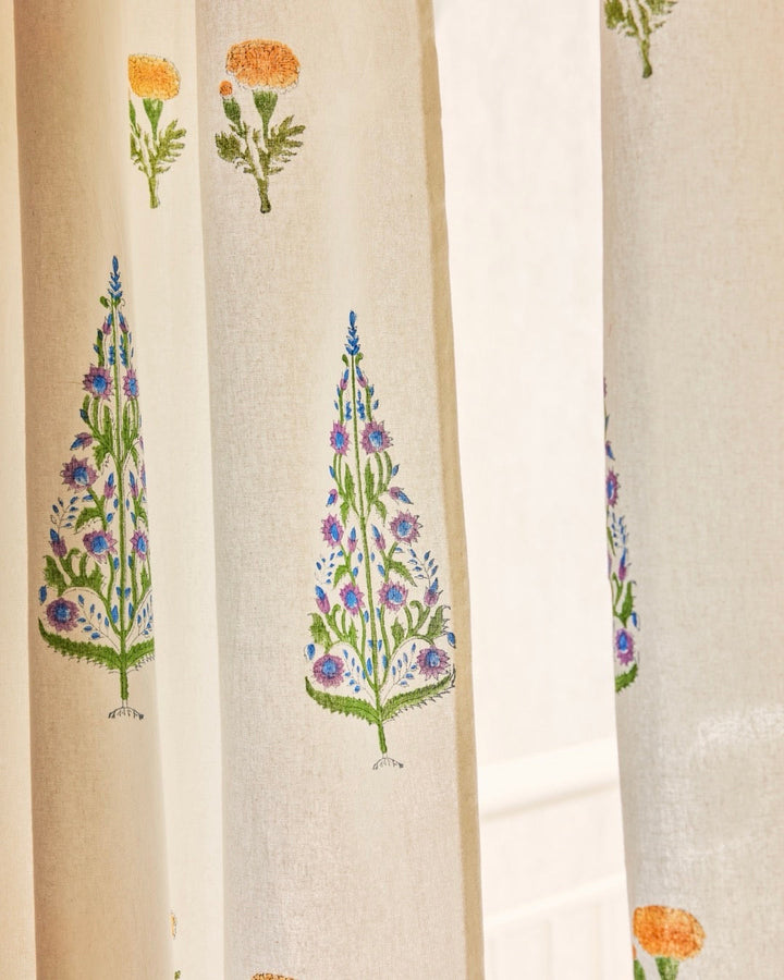Hand Block Printed Linen Curtains | Tree & Floral Motif | Light Filtering Opaque For Privacy