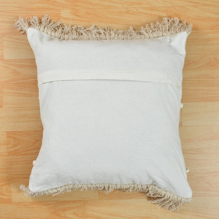 Bohemian Handmade Cotton Cushion Cover 40x40cm - Grey & Beige Zigzag Pattern, Fringe & Tassels