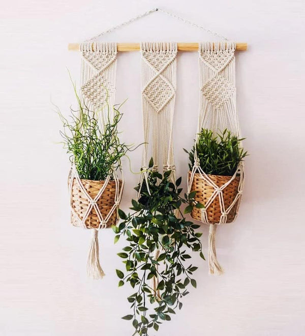 Triple Macrame Plant Hanger - Boho Hanging Wall Planter - Indoor Decor