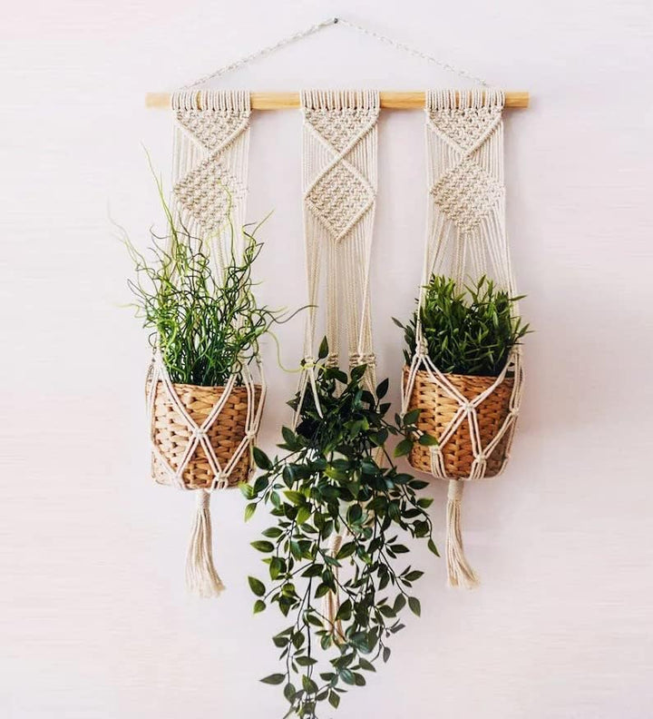 Triple Macrame Plant Hanger - Boho Hanging Wall Planter - Indoor Decor