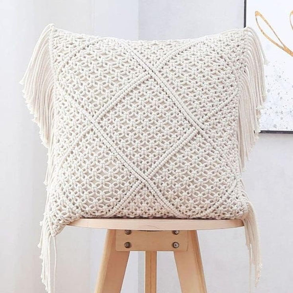 Handmade Macrame Cushion Cover | Cotton Cushion Cover with Fringes | 40x40cm | Boho Decor