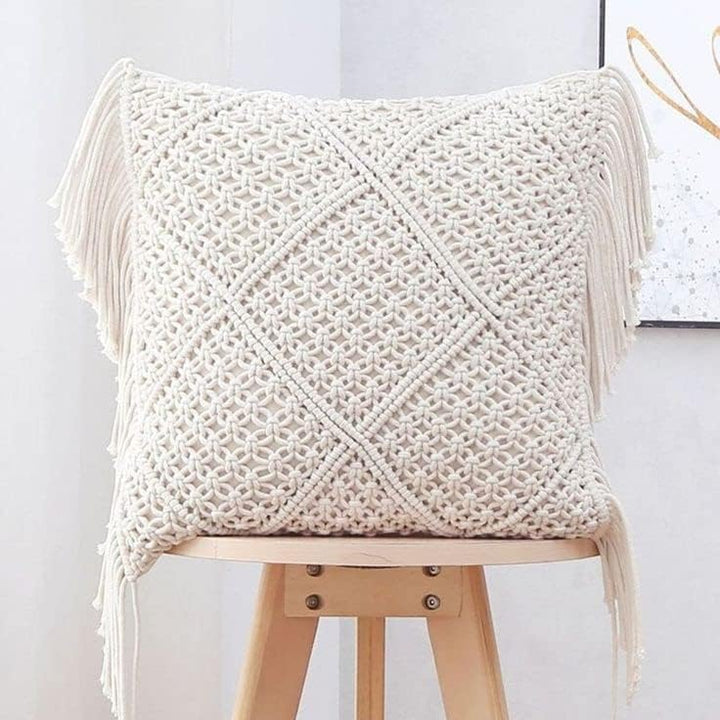 Handmade Macrame Cushion Cover | Cotton Cushion Cover with Fringes | 40x40cm | Boho Decor
