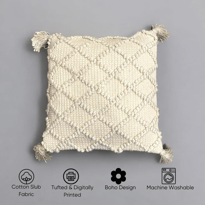 Off-White Tufted Boho Cushion Cover | 45x45cm Cotton Slub | Tassels | Machine Washable