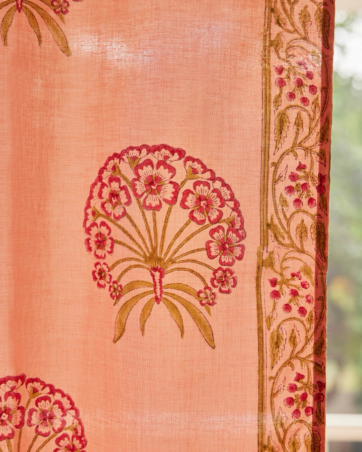 Pink & Green Hand Block Printed Linen Curtains | Floral Pattern | Privacy Opaque Light Filtering