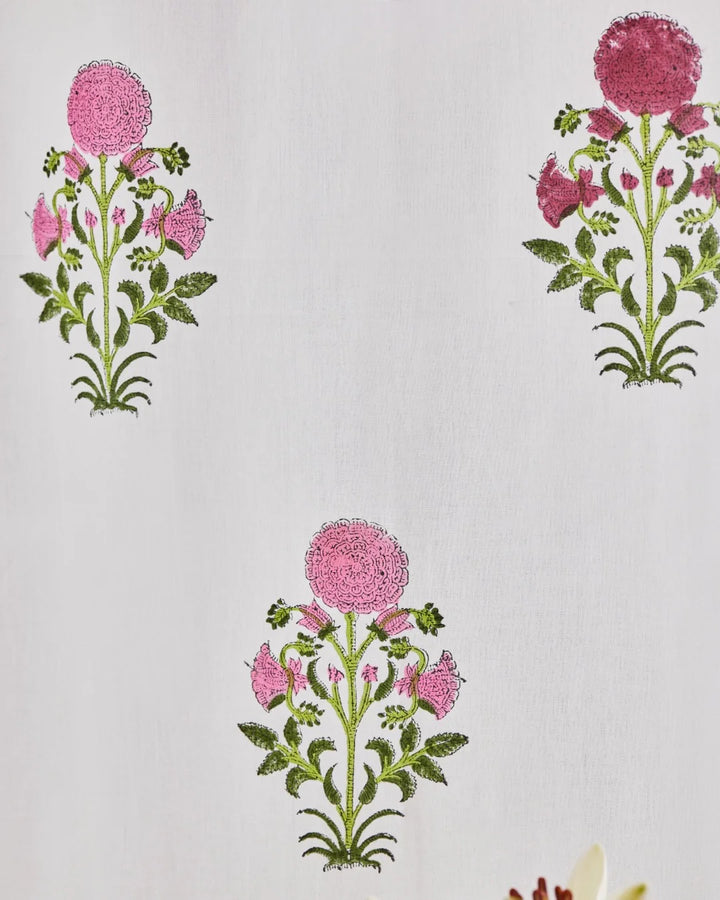 White & Pink Hand Block Printed Linen Curtains | Floral Design