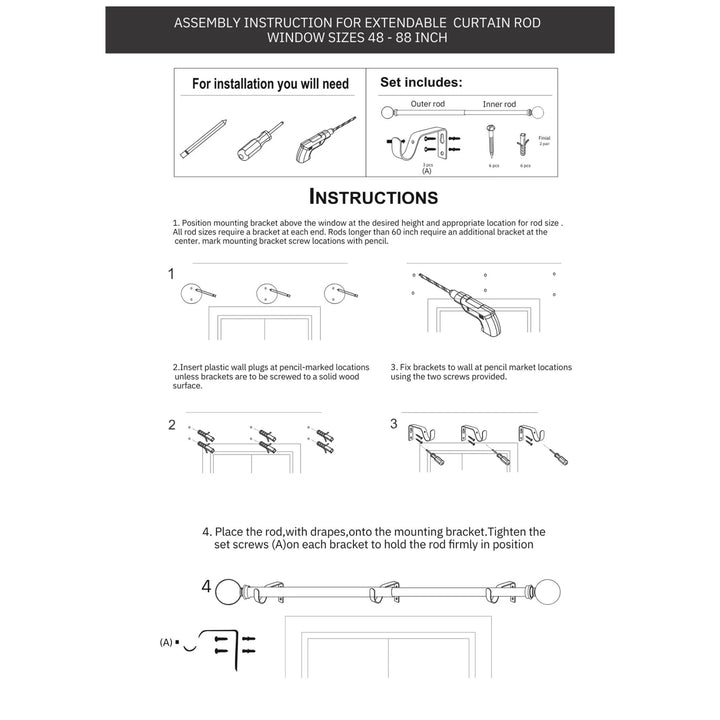 Extendable Curtain Pole White | Rod With Beaded Finials | 61-366cm | All Fittings Included