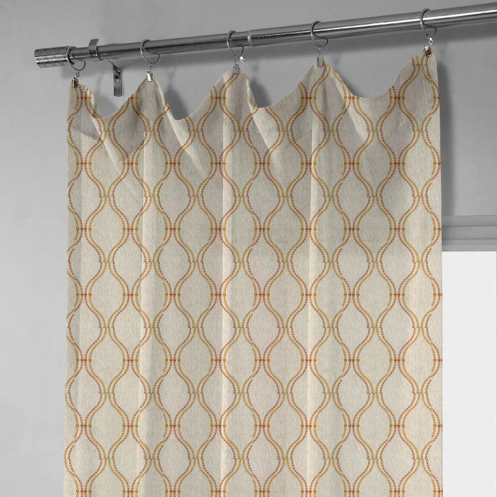 Tan Linen Sheer Curtains | Ogee Trellis Embroidery | Custom Sizes & Headings