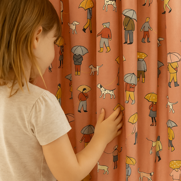 Rainy Day Cotton Kids Curtains – Coral Umbrella & Dog Walker Print, Light-Filtering or 100 % Blackout