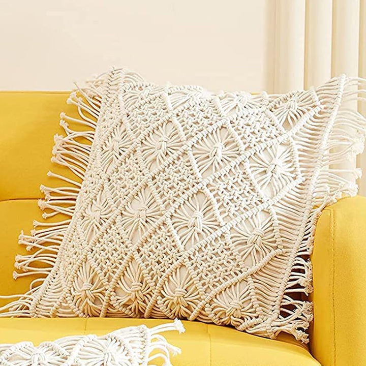Bohemian Macrame Cushion Cover | 45x45cm | Cream Cotton | Geometric Pattern | Fringed Edges