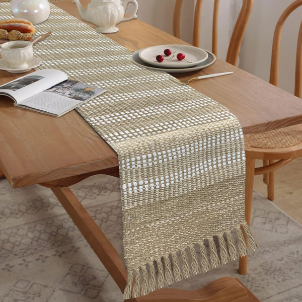 Boho Textured Weave Table Runner | Natural Beige Cotton Runner with Tassels | 13x74" (33x188cm)