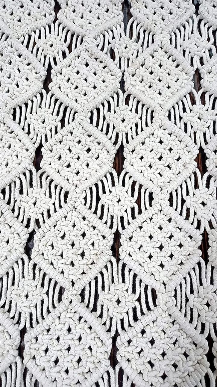 Handmade Cotton Macrame Table Runner | Natural Beige Diamond Pattern Boho Runner | 14x72" (36x183cm)