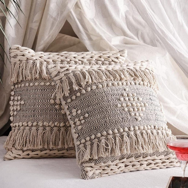 Textured Woven Cushion Cover with Fringes | Boho Cushion Cover | 40x40cm | Cotton Cushion Cover