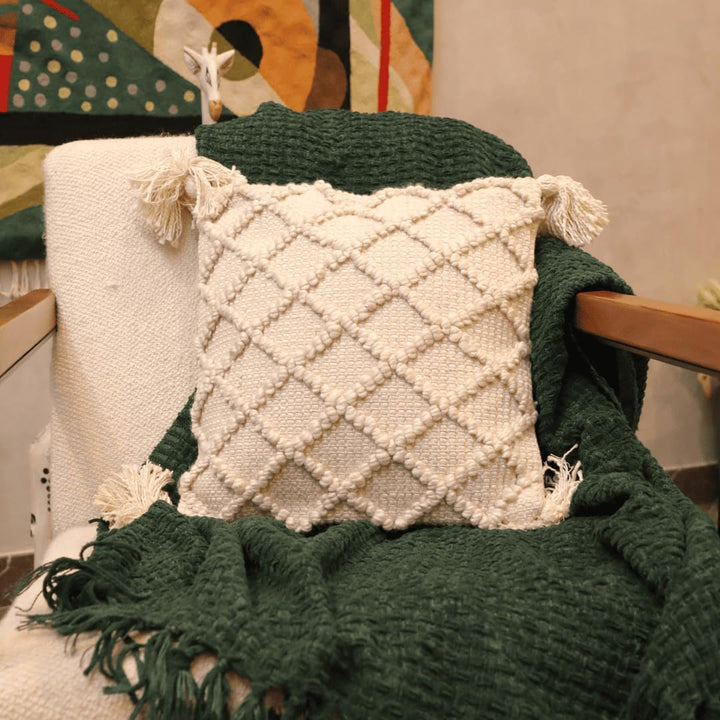 Off-White Tufted Boho Cushion Cover | 45x45cm Cotton Slub | Tassels | Machine Washable