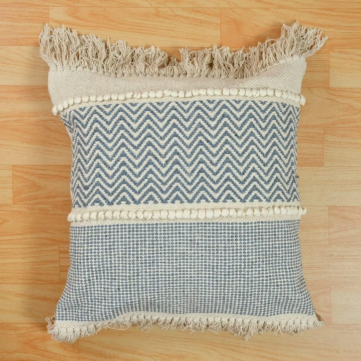 Bohemian Handmade Cotton Cushion Cover 40x40cm - Grey & Beige Zigzag Pattern, Fringe & Tassels