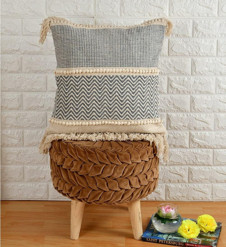 Bohemian Handmade Cotton Cushion Cover 40x40cm - Grey & Beige Zigzag Pattern, Fringe & Tassels