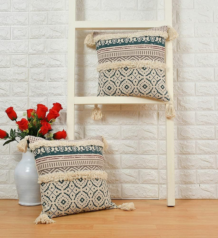 Bohemian Handmade Cotton Cushion Cover 45x45cm - Blue & Beige Geometric Pattern, Fringe & Tassels