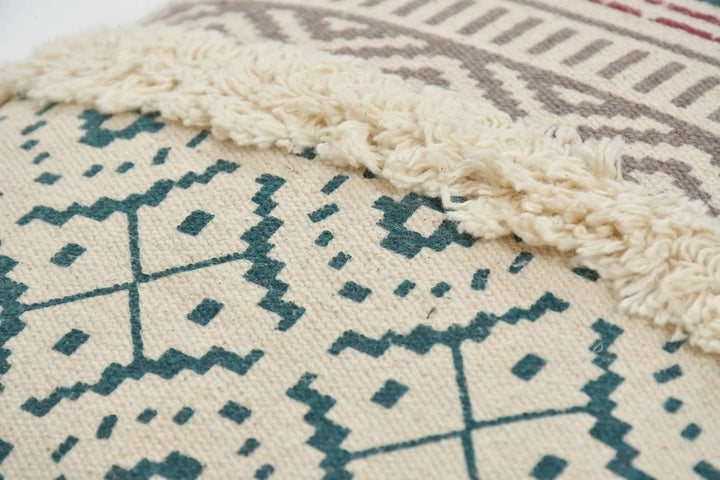 Bohemian Handmade Cotton Cushion Cover 45x45cm - Blue & Beige Geometric Pattern, Fringe & Tassels