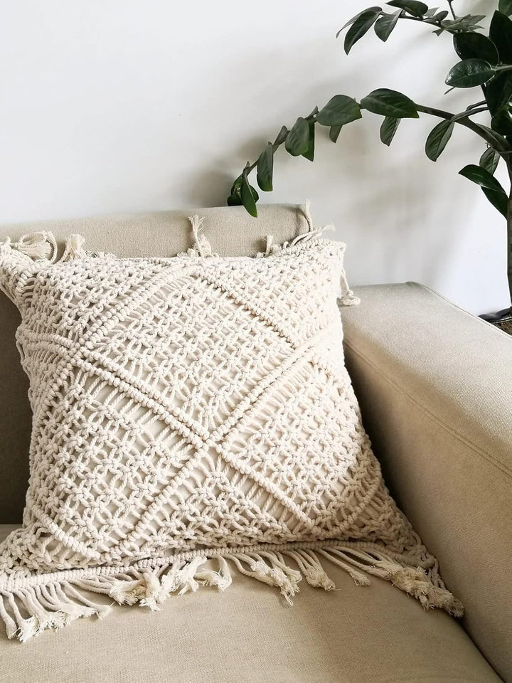 Handmade Macrame Cushion Cover | Cotton Cushion Cover with Fringes | 40x40cm | Boho Decor